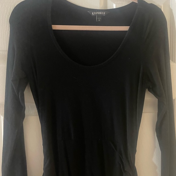 Express Long Sleeve Basic Black Mini Dress with Side Ruching Detail - Picture 4 of 5